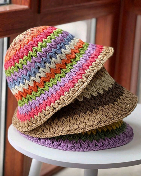 Women Color Block Striped Straw Bucket Hat For Beach Suitable For Daily Wear And Summer Outings And Vacation For Sun Protection Boho