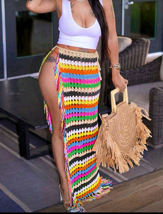 Fringe Trim Split Tie Skirt